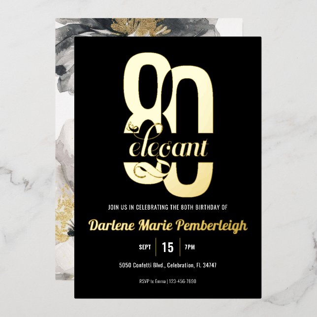 Invitation En Aluminium 80e anniversaire Floral 80e Black Gold (Recto/Verso)