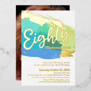 Invitation En Aluminium 80e fête d'anniversaire or vert bleu photo abstrai