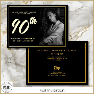 Invitation En Aluminium 90e anniversaire Elegant Photo Black Gold