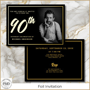Invitation En Aluminium 90e anniversaire Elegant Photo Black Gold