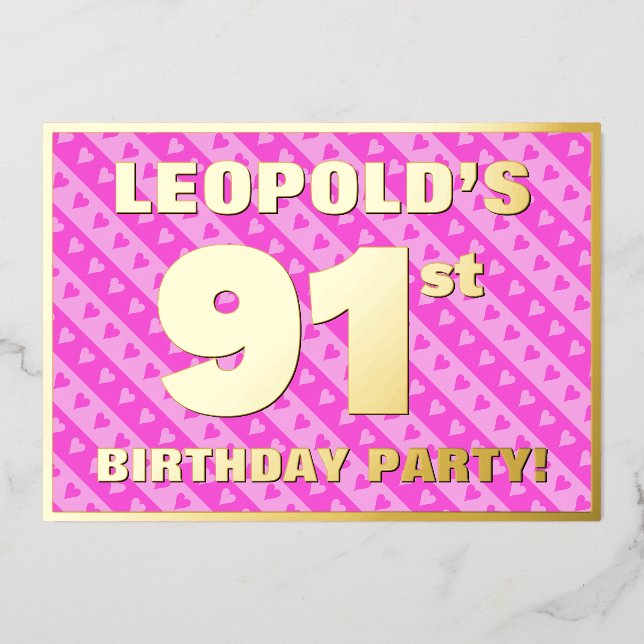 Invitation En Aluminium 91e fête d'anniversaire — Coeurs et rayures roses  (Recto)