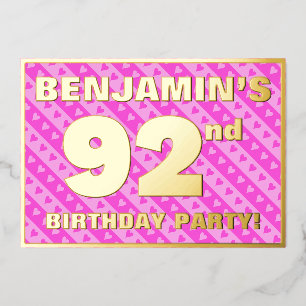 Invitation En Aluminium 92e fête d'anniversaire — Coeurs et rayures roses 
