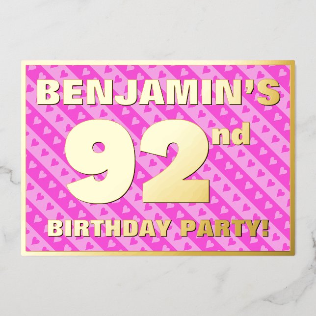 Invitation En Aluminium 92e fête d'anniversaire — Coeurs et rayures roses  (Recto)