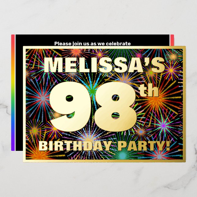 Invitation En Aluminium 98e fête d'anniversaire — Amusant, Feu d'artifice  (Recto/Verso)