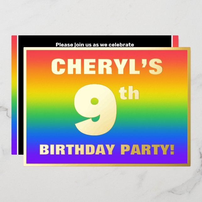 Invitation En Aluminium 9e fête d'anniversaire : Amusant, Motif arc-en-cie (Recto/Verso)