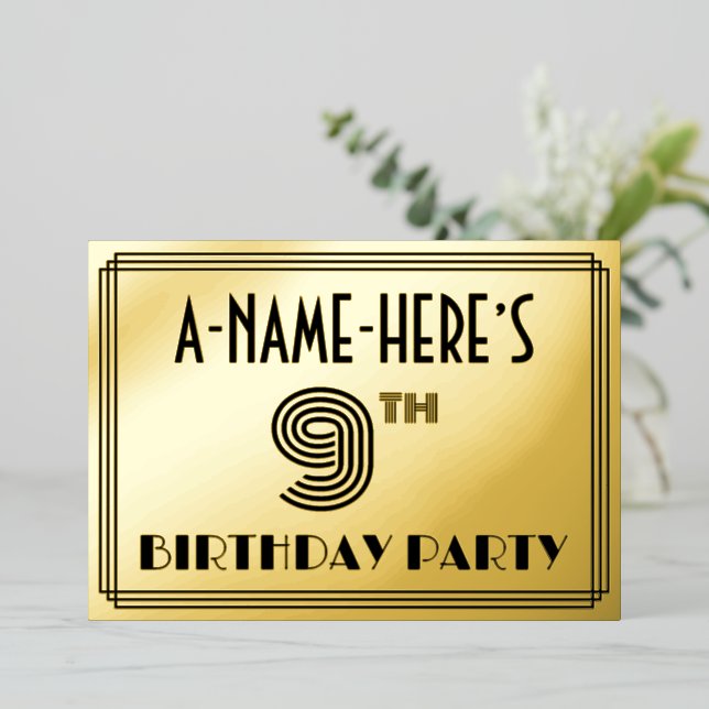 Invitation En Aluminium 9e fête d'anniversaire — Art Déco Style "9" & Nom (Debout devant)