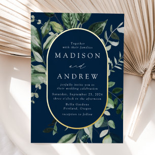 Invitation En Aluminium Abondant Vert Mariage Ovale Navy et Or