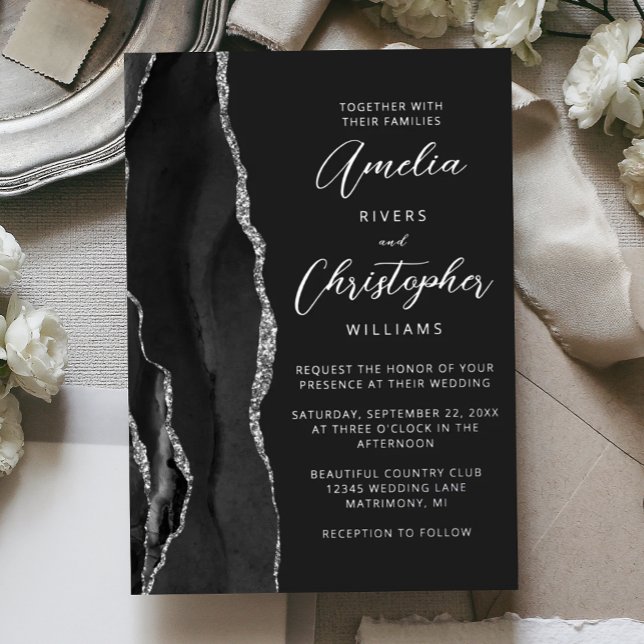 Invitation En Aluminium Agate Black Silver Script Dark Wedding (Créateur téléchargé)