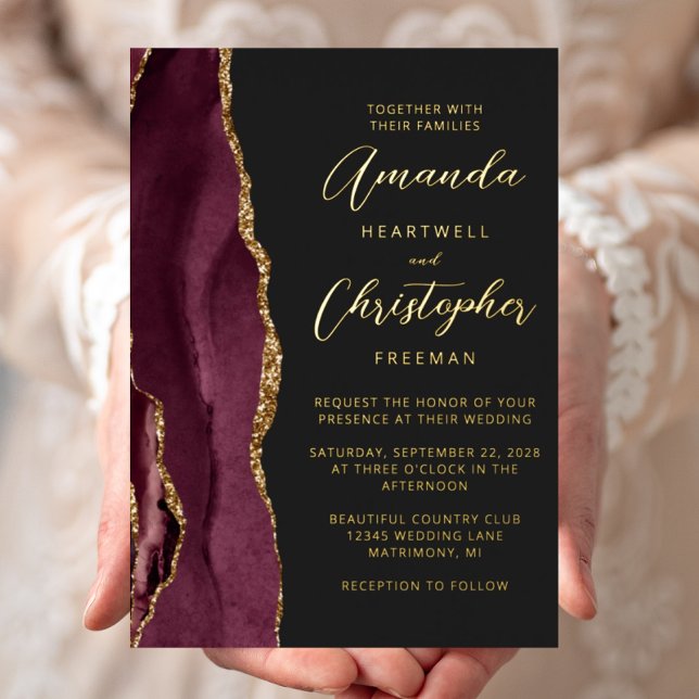 Invitation En Aluminium Agate Burgundy Gold Script Mariage foncé (Créateur téléchargé)