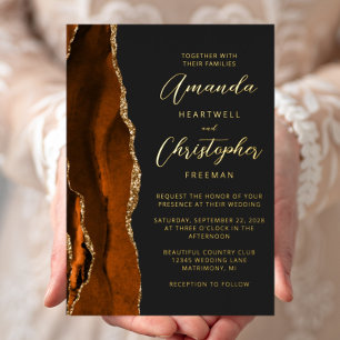 Invitation En Aluminium Agate Orange Brûlé Or Script Dark Mariage
