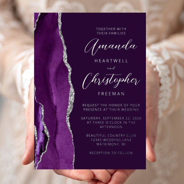 Invitation En Aluminium Agate Purple Argent Script Plum Mariage (Créateur téléchargé)