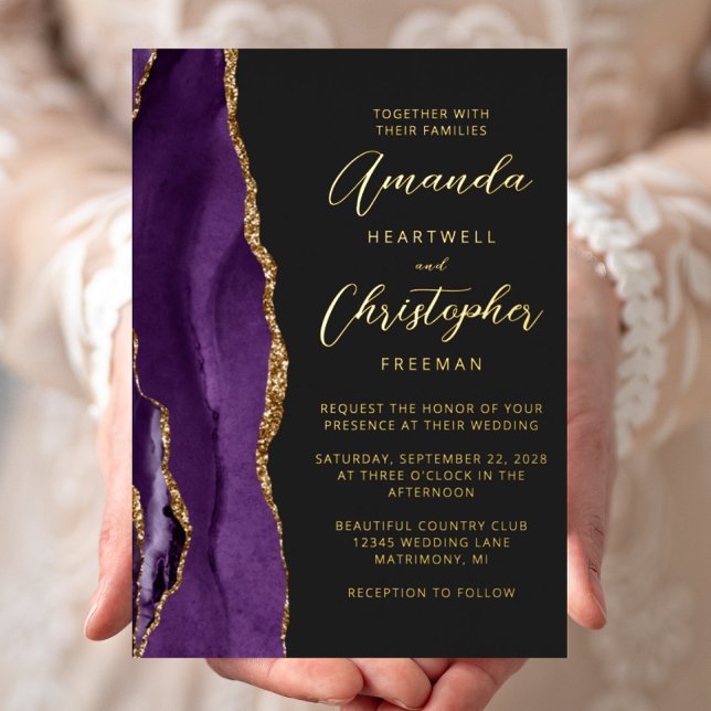 Invitation En Aluminium Agate Purple Gold Script Mariage foncé (Créateur téléchargé)