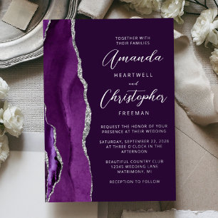 Invitation En Aluminium Agate Violet Argent Écriture Plum Mariage
