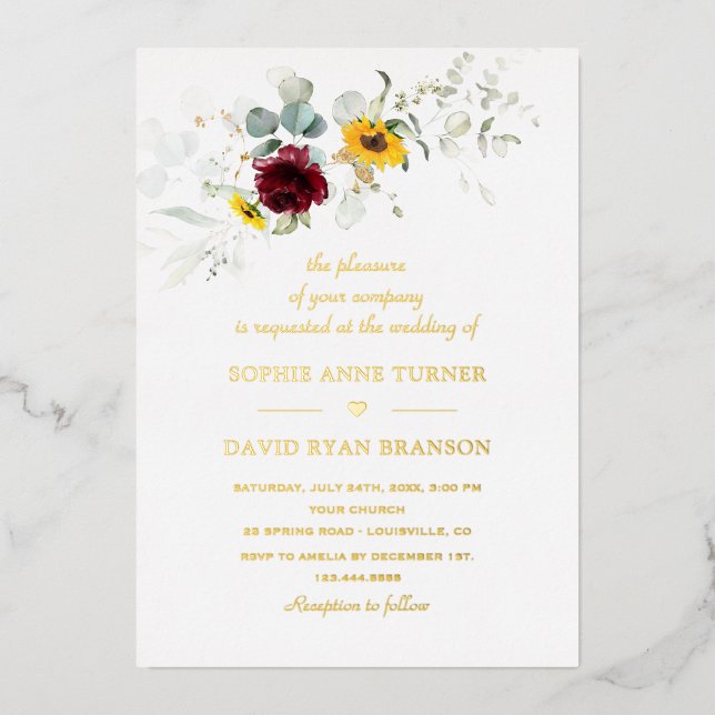 Invitation En Aluminium Airy Greenery Sunflowers Burgundy Gold Wedding (Recto)