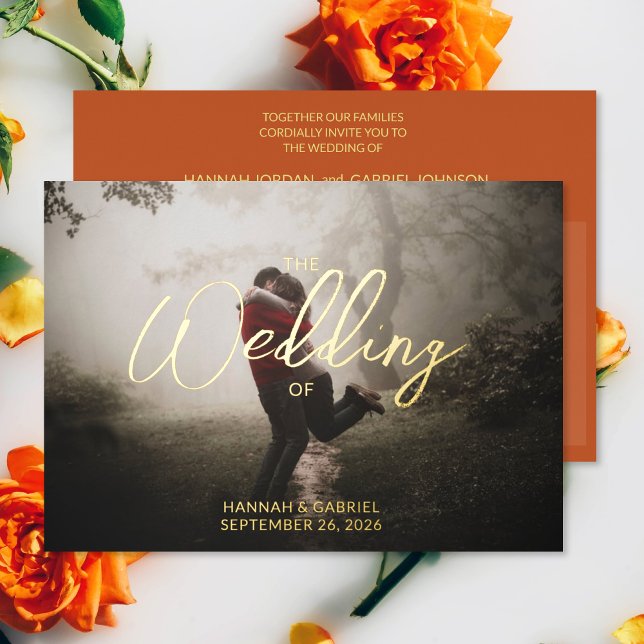 Invitation En Aluminium Ajouter Mariage photo Terracotta (The front and back of the Add Photo Terracotta Wedding Foil Invitation)