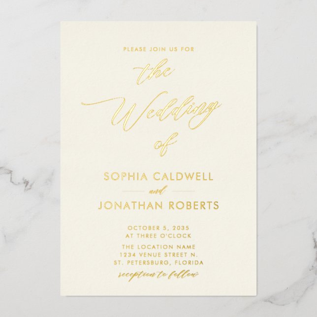 Invitation En Aluminium All in One Gold Calligraphy sur Cream Mariage (Recto)