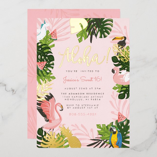 Invitation En Aluminium Aloha Hawaii Tropical Summer Gold Birthday Party (Recto/Verso)
