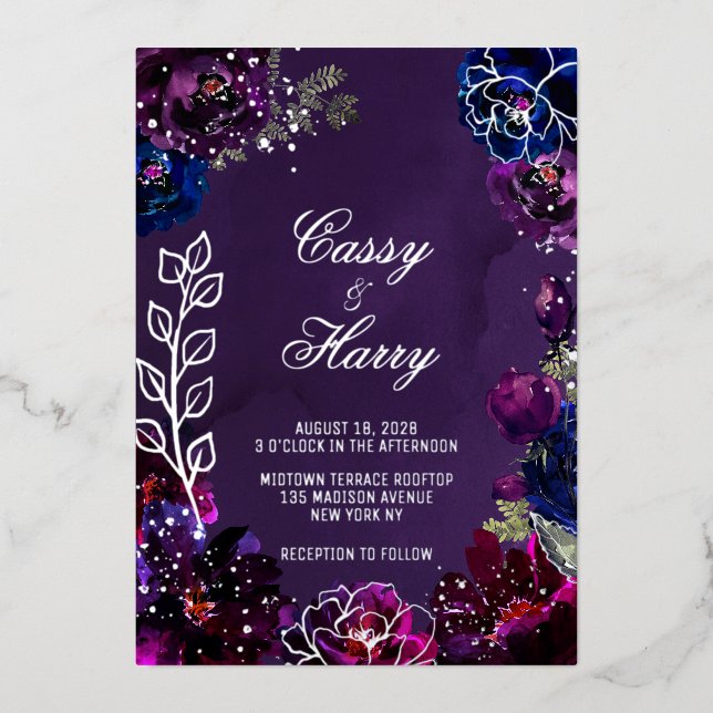 Invitation En Aluminium Amethyst Sapphire Jewel Tones Surnoms Mariage (Recto)