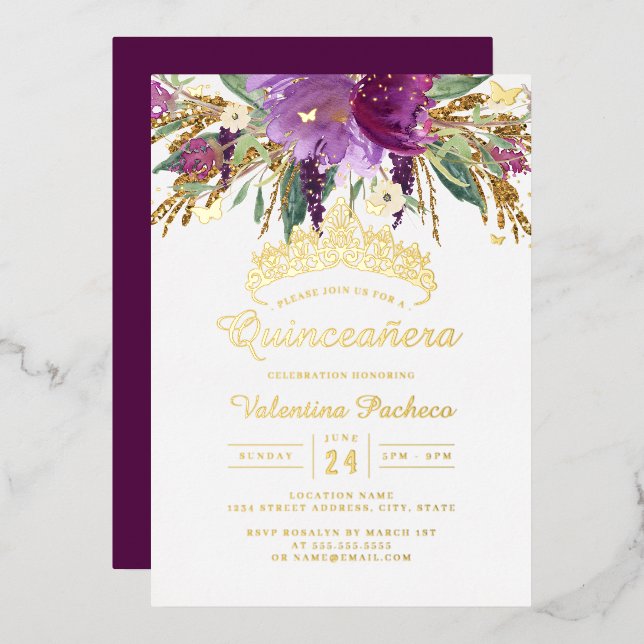 Invitation En Aluminium Améthyste d'or pourpre Quinceanera (Recto/Verso)