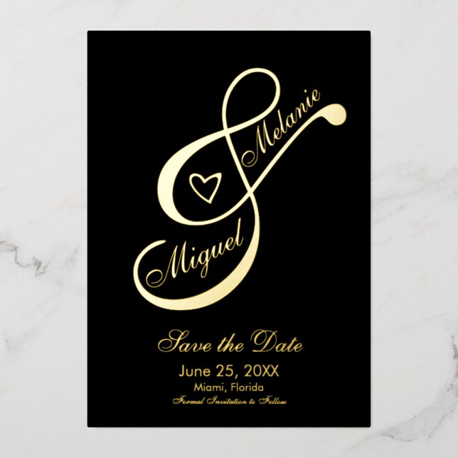 Invitation En Aluminium Ampersand Coeur Noir Enregistrer la date Pressé (Recto)