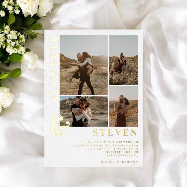 Invitation En Aluminium Ampersand moderne 4 grille photo or mariage (Modern ampersand 4 photo grid wedding gold foil invitation)