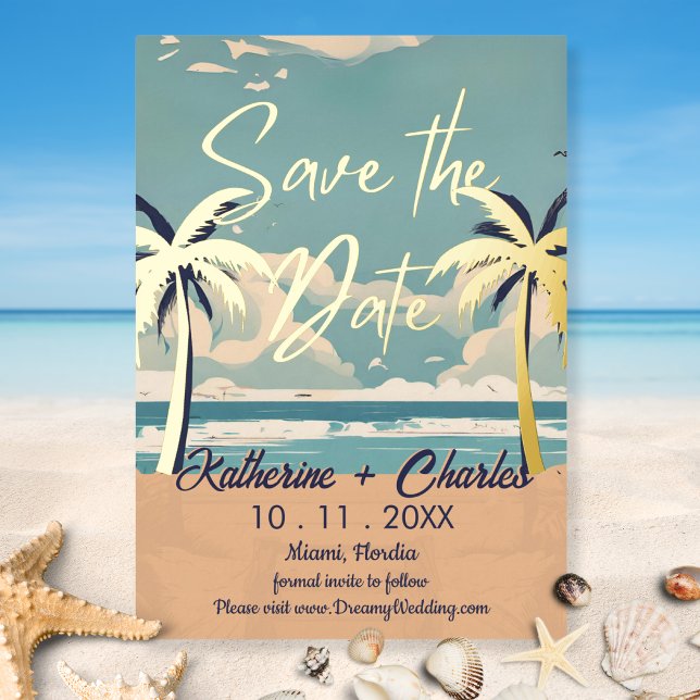 Invitation En Aluminium Ancienne plage tropicale palmier save the date (Créateur téléchargé)