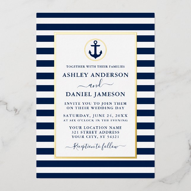 Invitation En Aluminium Ancre marine Bleu  Mariage Or (Recto)