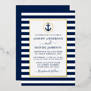 Invitation En Aluminium Ancre nautique Bleu Mariage Or