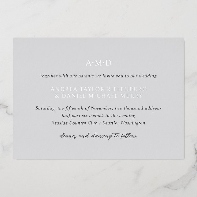 Invitation En Aluminium Andrea Grey Mariage élégant (Recto)