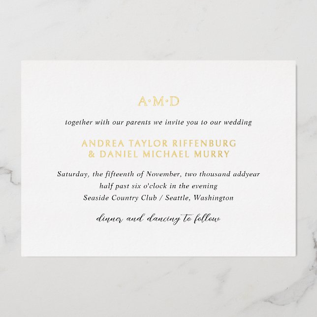Invitation En Aluminium Andrea Noir Blanc Élégant Mariage (Recto)