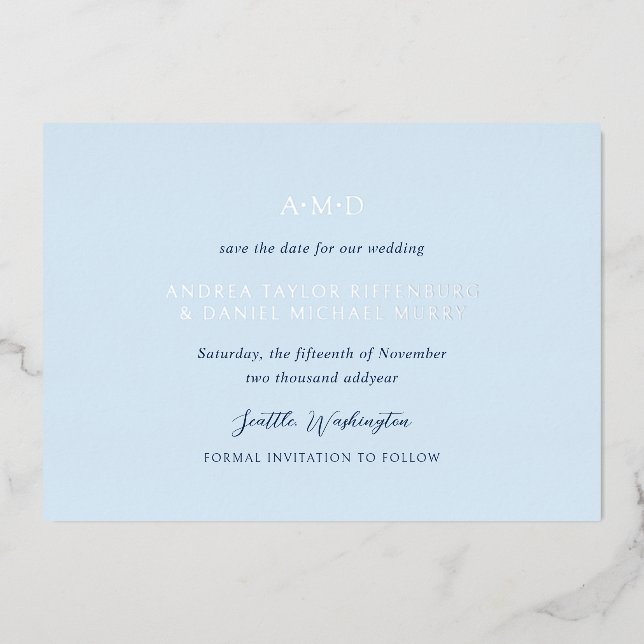 Invitation En Aluminium Andrea Sky Blue Mariage Élégant Enregistrer La Dat (Recto)