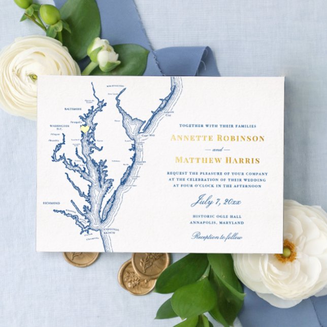 Invitation En Aluminium Annapolis Maryland Mariage Marine et or (Créateur téléchargé)