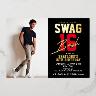Invitation En Aluminium Anniversaire 16 ans swag noir et rouge
