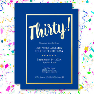 Invitation En Aluminium Anniversaire 30 ans bleu et or moderne