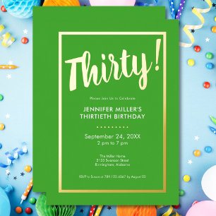 Invitation En Aluminium Anniversaire 30 ans moderne vert citron et or feui