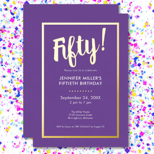 Invitation En Aluminium Anniversaire 50 ans moderne violet et or métallisé