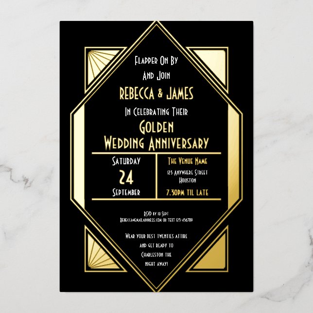 Invitation En Aluminium Anniversaire Art Déco Mariage d'or Noir (Recto)