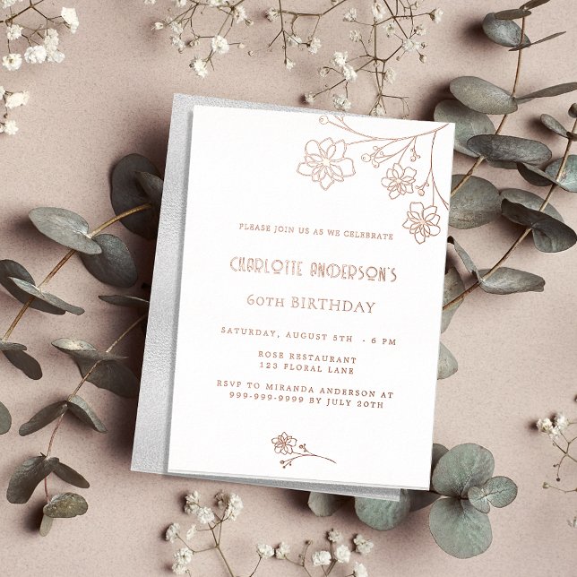 Invitation En Aluminium Anniversaire blanc rose or floral élégant (Créateur téléchargé)