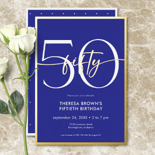 Invitation En Aluminium Anniversaire Cinquante Écriture Script Bleu Royal 