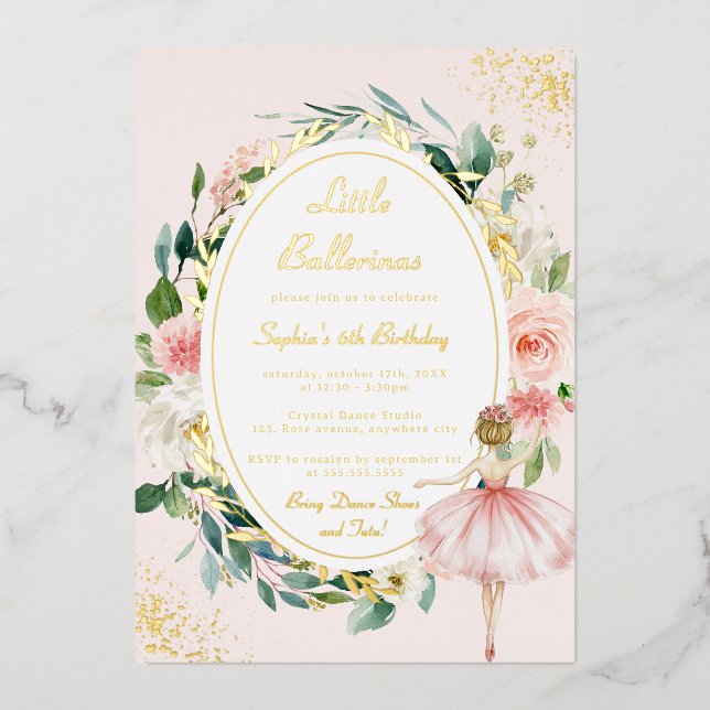 Invitation En Aluminium Anniversaire de enfant floral Little Ballerina Gol (Recto)
