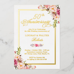 Invitation En Aluminium Anniversaire de Mariage Élégant Floral Rose Doré R