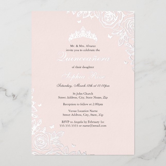 Invitation En Aluminium Anniversaire de Quinceanera florale rose vif (Recto)