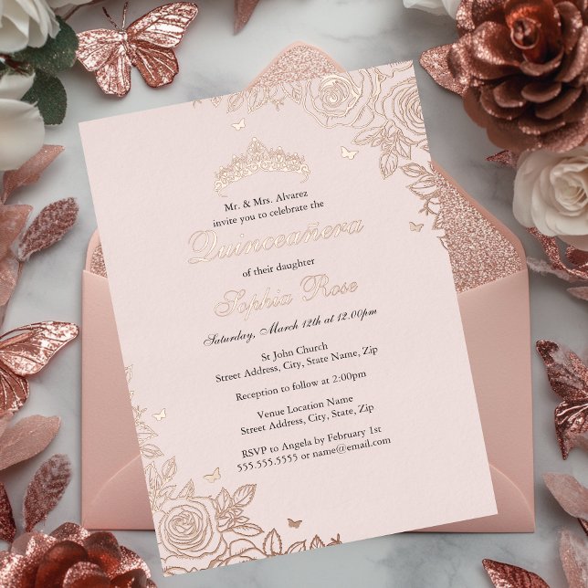 Invitation En Aluminium Anniversaire Floral Quinceanera Rose Rose Rose (Créateur téléchargé)