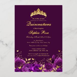 Invitation En Aluminium Anniversaire Papillon floral pourpre Tiara Quincea