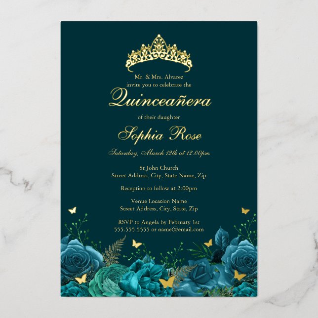 Invitation En Aluminium Anniversaire Turquoise Bleu Floral Papillon Quince (Recto)