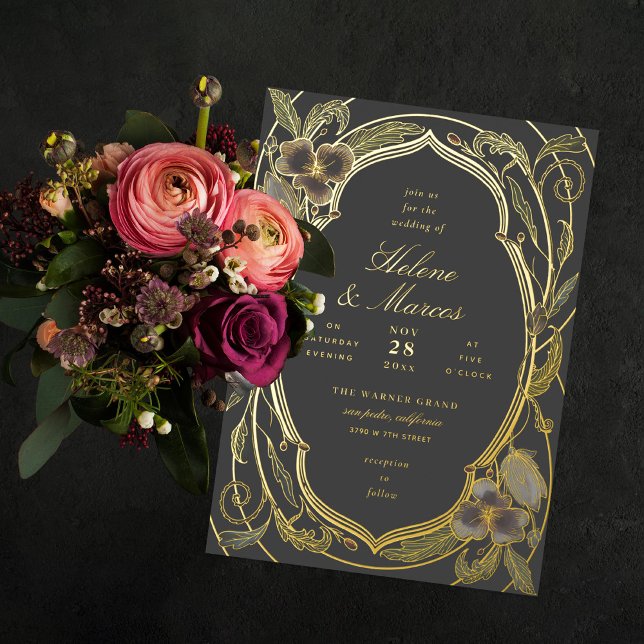 Invitation En Aluminium Antique Floral Art Nouveau Mariage Gris Or (Créateur téléchargé)