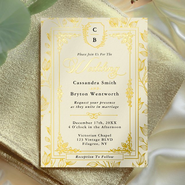 Invitation En Aluminium Antique Floral Monogram Crest Gold Frame Wedding (Antique Floral Monogram Crest Gold Frame Wedding Foil Invitation)