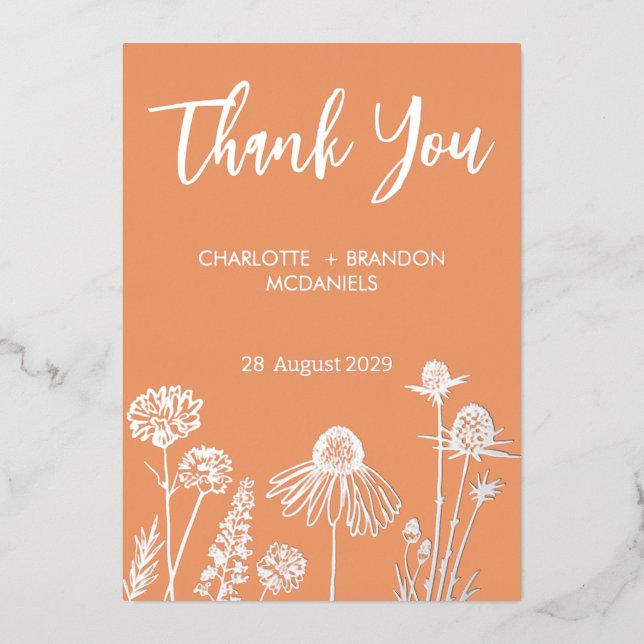 Invitation En Aluminium Apricot Fleur sauvage Merci Mariage Or (Recto)