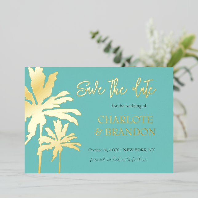 Invitation En Aluminium Aqua Palm Trees Beach Wedding Save The Date Gold (Debout devant)