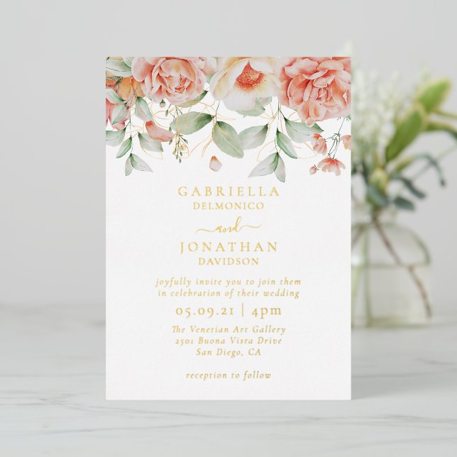 Invitation En Aluminium Aquarelle à fond floral Mariage or (Debout devant)